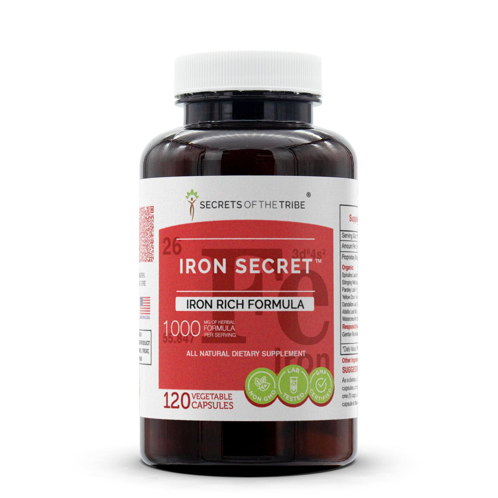 Secrets of the Tribe Iron Secret bottle label close-up shows natural formulation.