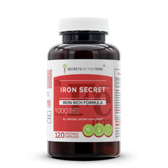 Secrets of the Tribe Iron Secret bottle label close-up shows natural formulation.