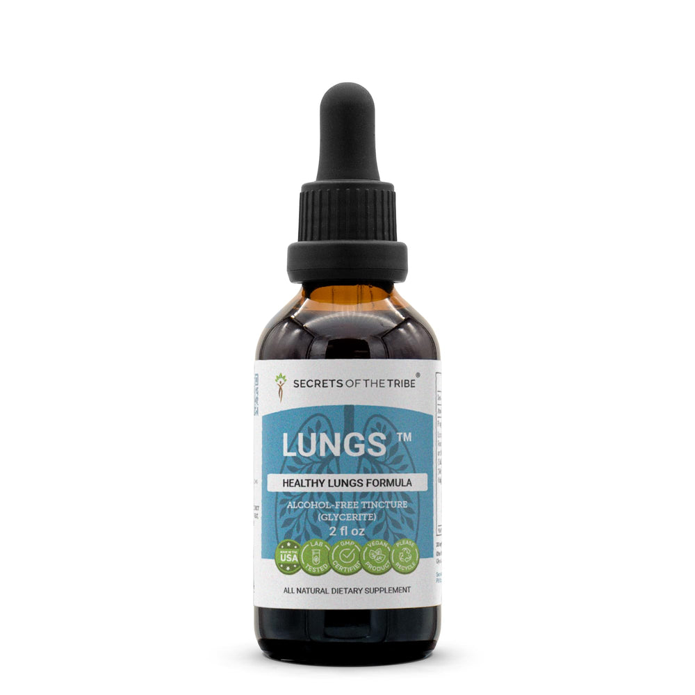 Secrets of the Tribe Lungs Extract bottle with dropper for easy dosing.