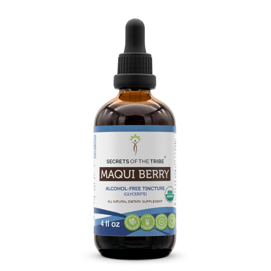 Secrets of the Tribe Maqui Berry bottle shows organic, high-potency drops