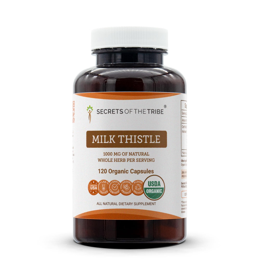 Secrets of the Tribe milk thistle bottle with USDA Organic certification for clean ingredients.