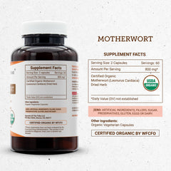 Secrets of the Tribe Motherwort Capsules label detail with organic certification