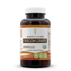 Secrets of the Tribe Oregon Grape capsules in bottle for daily herbal support.