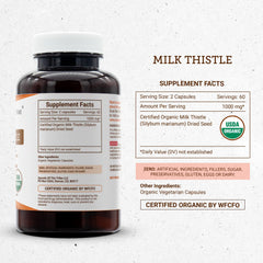 Secrets of the Tribe Organic certification label on milk thistle packaging.