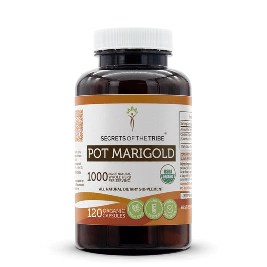 Secrets of the Tribe Pot Marigold bottle pour—easy-to-swallow vegetarian capsules.