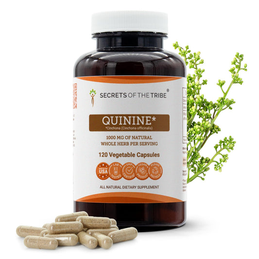 Secrets of the Tribe quinine capsules bottle for easy daily support and portability.