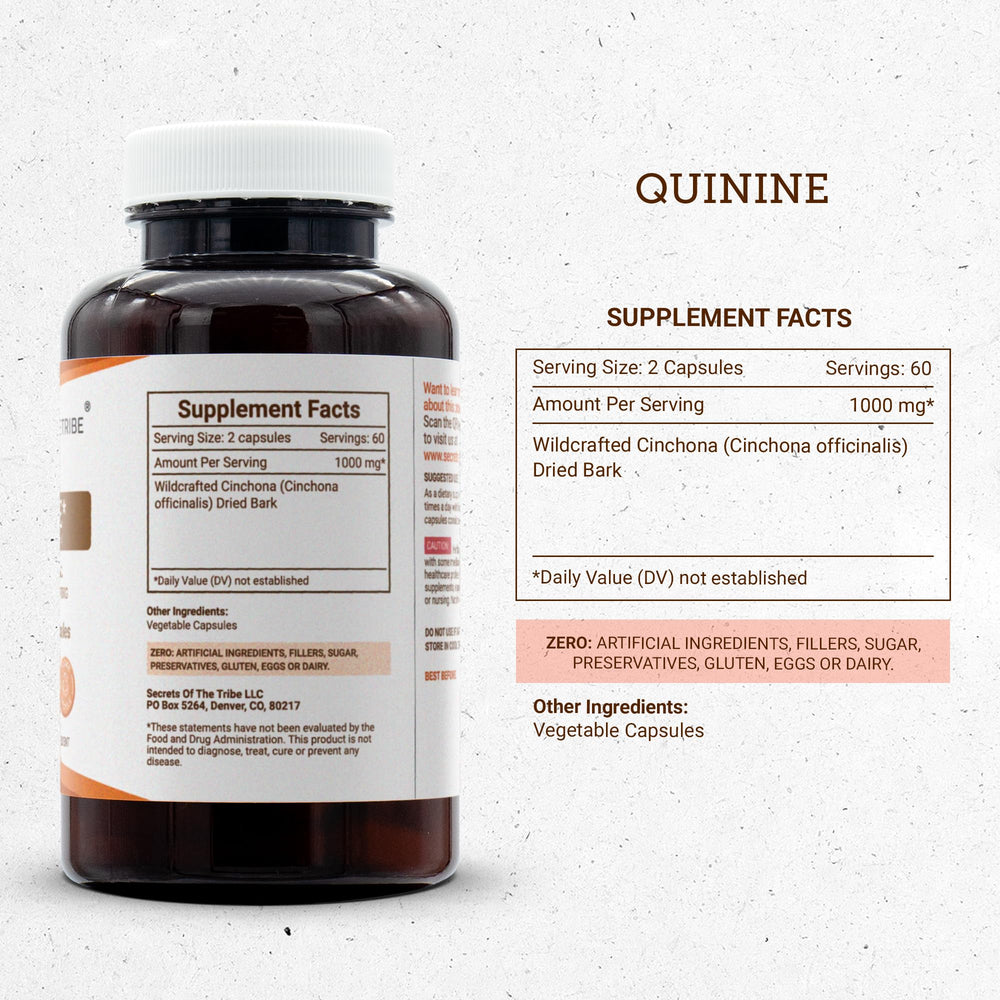 Secrets of the Tribe quinine capsules close-up reveals fine powder and botanical heritage.