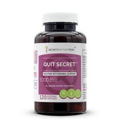 Secrets of the Tribe Quit Secret bottle label highlights herbal withdrawal support