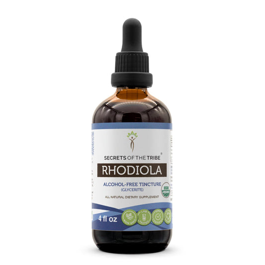 Secrets of the Tribe Rhodiola bottle with USDA Organic certification for pure herbal drops.