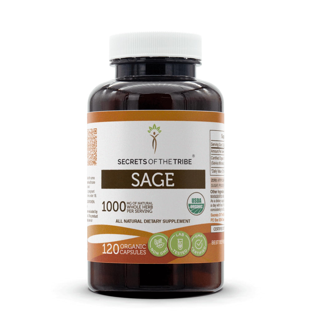 Secrets of the Tribe Sage capsules bottle with organic certification symbol for easy daily use