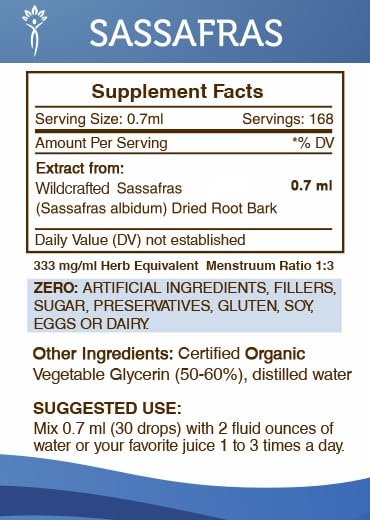 Secrets of the Tribe Sassafras tincture bottle back with usage guidance
