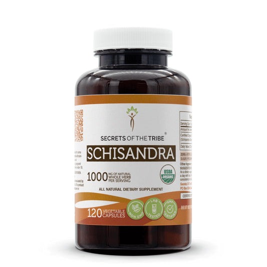 Secrets of the Tribe Schisandra organic capsules bottle front with certification.