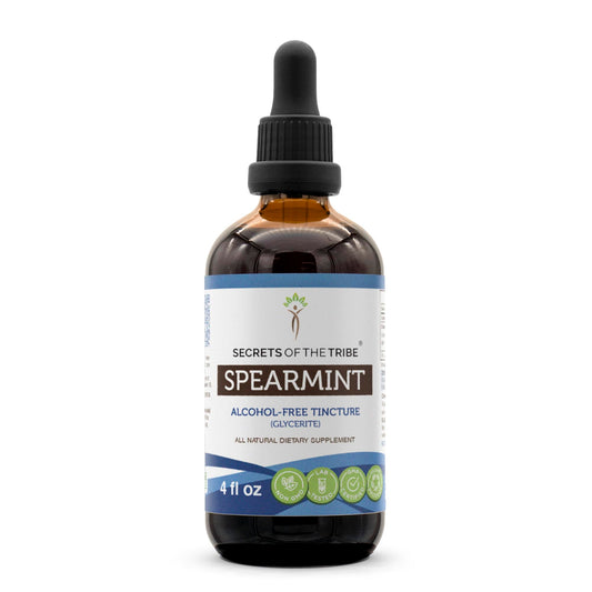 Secrets of the Tribe Spearmint bottle pour shows alcohol-free tincture for daily use