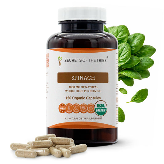 Secrets of the Tribe Spinach dried leaf capsules in a 120-count bottle for daily dietary support.