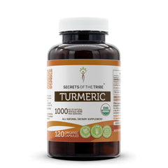 Secrets of the Tribe turmeric capsules bottle, USDA organic, high-potency turmeric delivery.