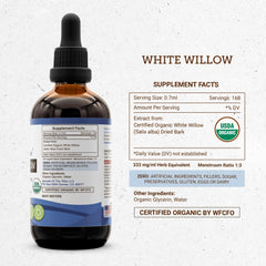 Secrets of the Tribe White Willow packaging front emphasizes USA-made organic tincture.