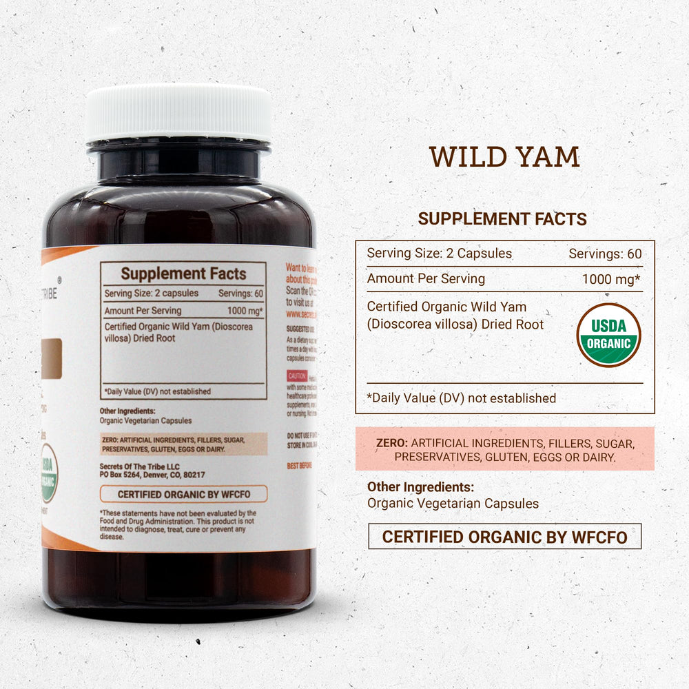 Secrets of the Tribe Wild Yam Capsules packaging highlights clean, vegan formula.