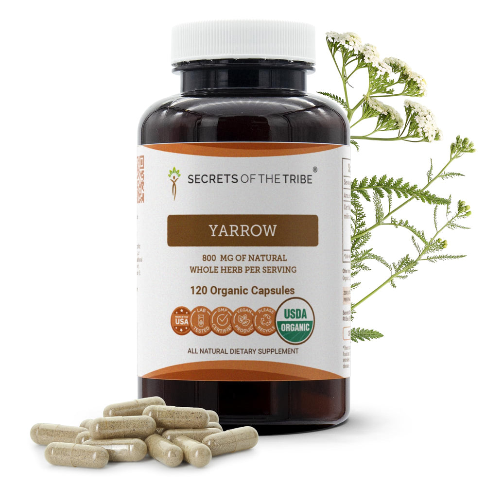 Secrets of the Tribe Yarrow capsules bottle, showcasing organic quality for daily herbal support