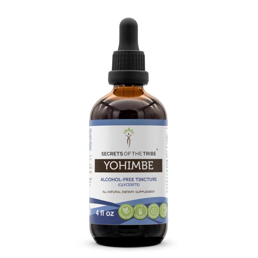 Secrets of the Tribe Yohimbe liquid extract bottle for focused herbal support.