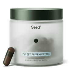 Seed PM-02 Sleep + Restore bottle and capsules support a gentle nightly routine