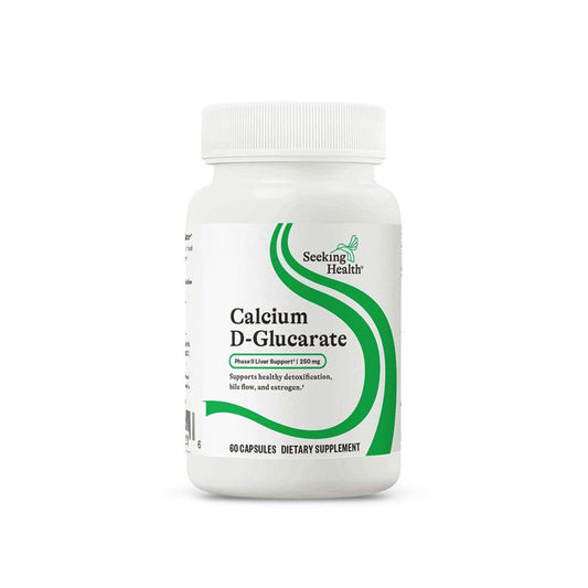 Seeking Health Calcium D-Glucarate bottle highlights gut health support.