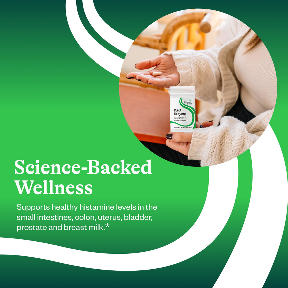 Seeking Health DAO Enzyme on kitchen counter with food representing histamine-containing meals.