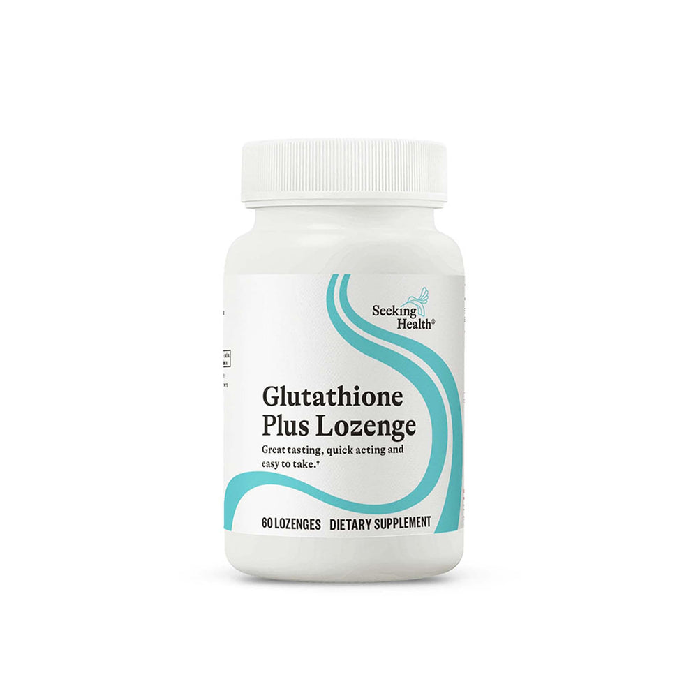 Seeking Health Glutathione Plus lozenge bottle highlights 25 mg per lozenge for immune support.