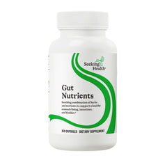 Seeking Health Gut Nutrients bottle front with capsules for daily gut support.