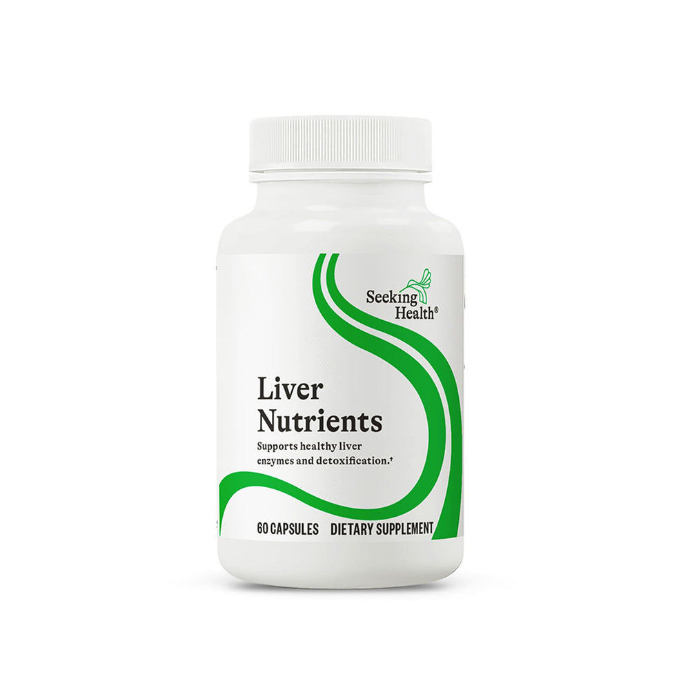 Seeking Health Liver Nutrients bottle with 60 capsules for liver support and glutathione production.