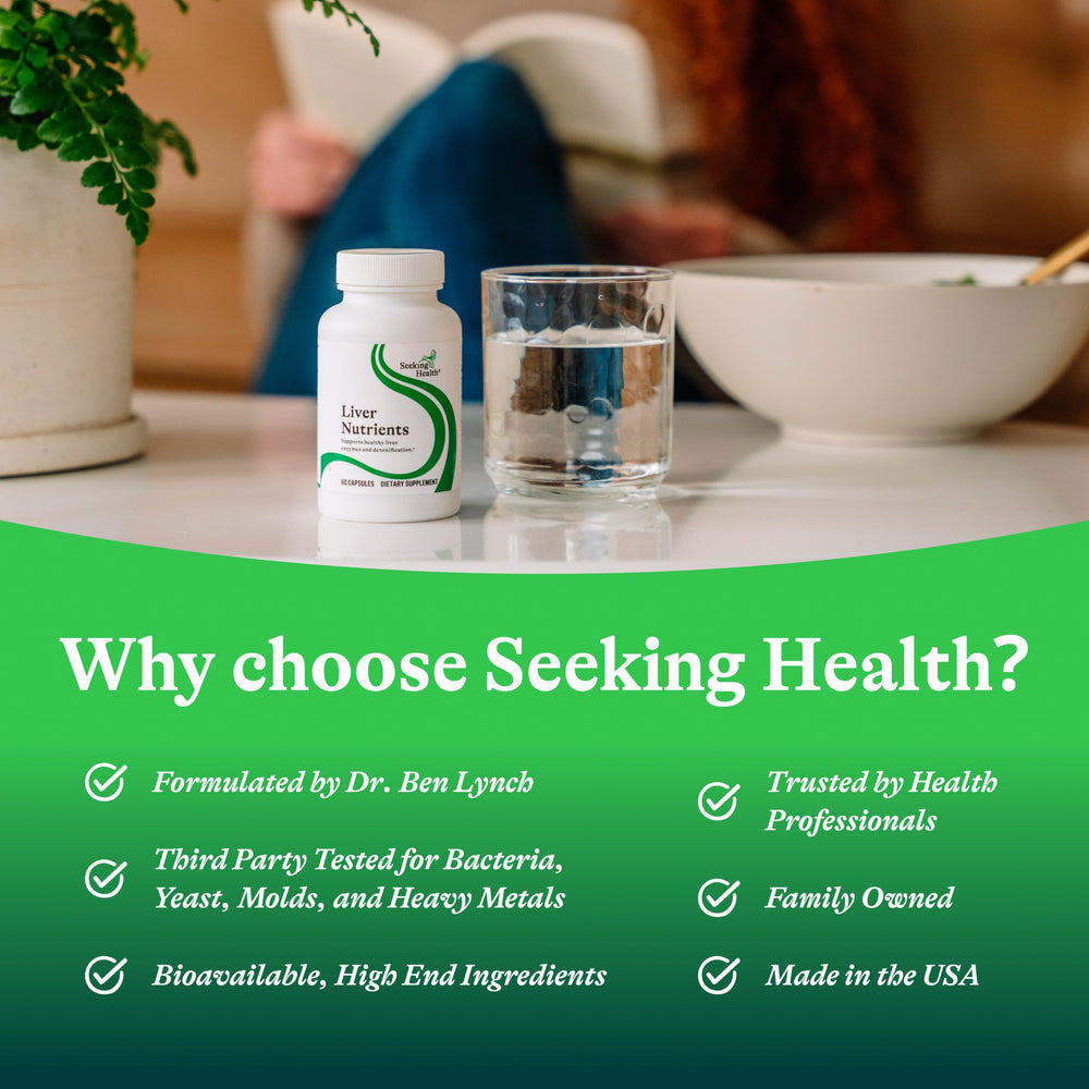 Sealed bottle of Seeking Health Liver Nutrients ready for daily dosage routines.