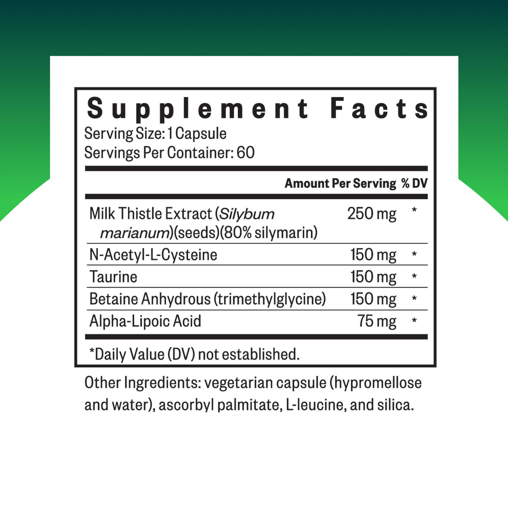 Seeking Health Liver Nutrients ingredient list showing NAC and milk thistle for liver function.