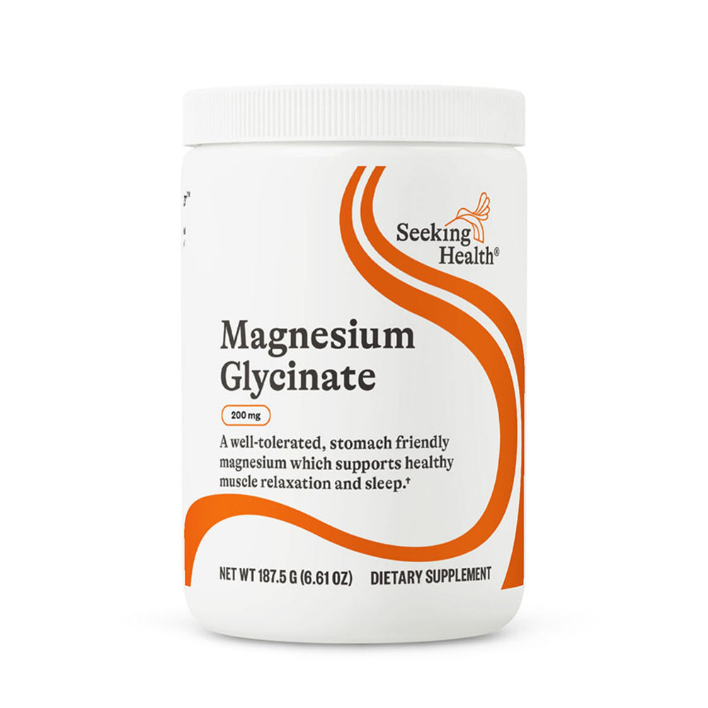 Seeking Health Magnesium Glycinate Powder jar label showing 200 mg per serving for relaxation