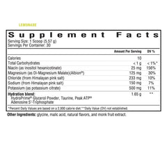 Glass with lemon-flavored Seeking Health Electrolyte drink ready to sip
