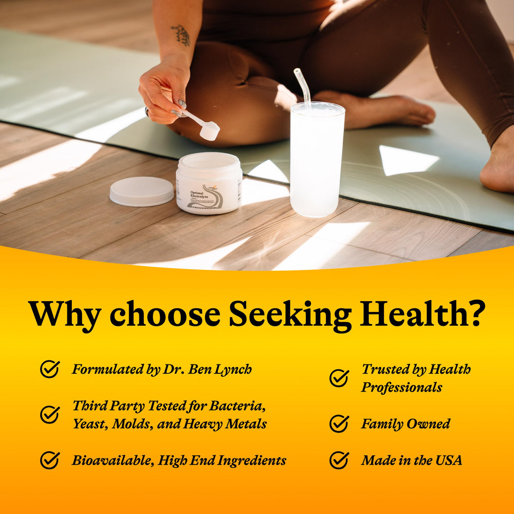 Seeking Health Optimal Electrolyte Powder tin packaging emphasizes sustainable hydration options.
