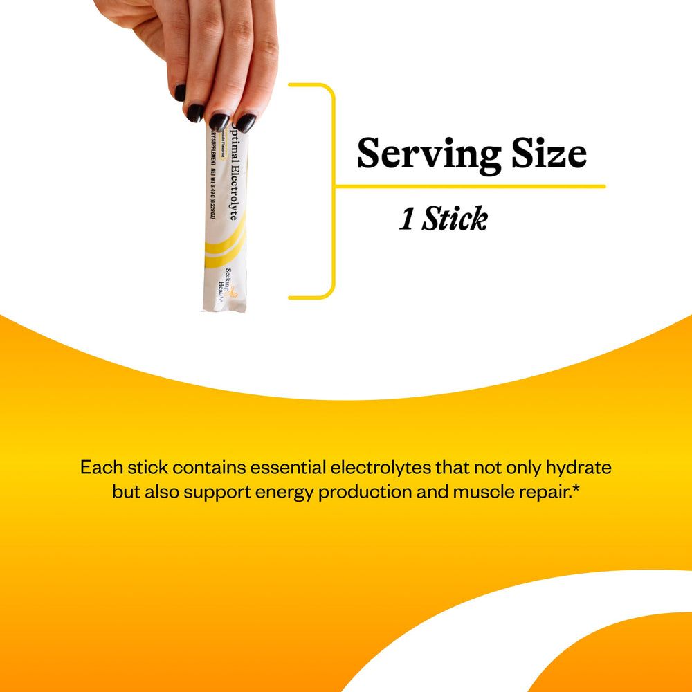 Seeking Health Optimal Electrolyte Sticks packet closeup supports convenient post-workout hydration.