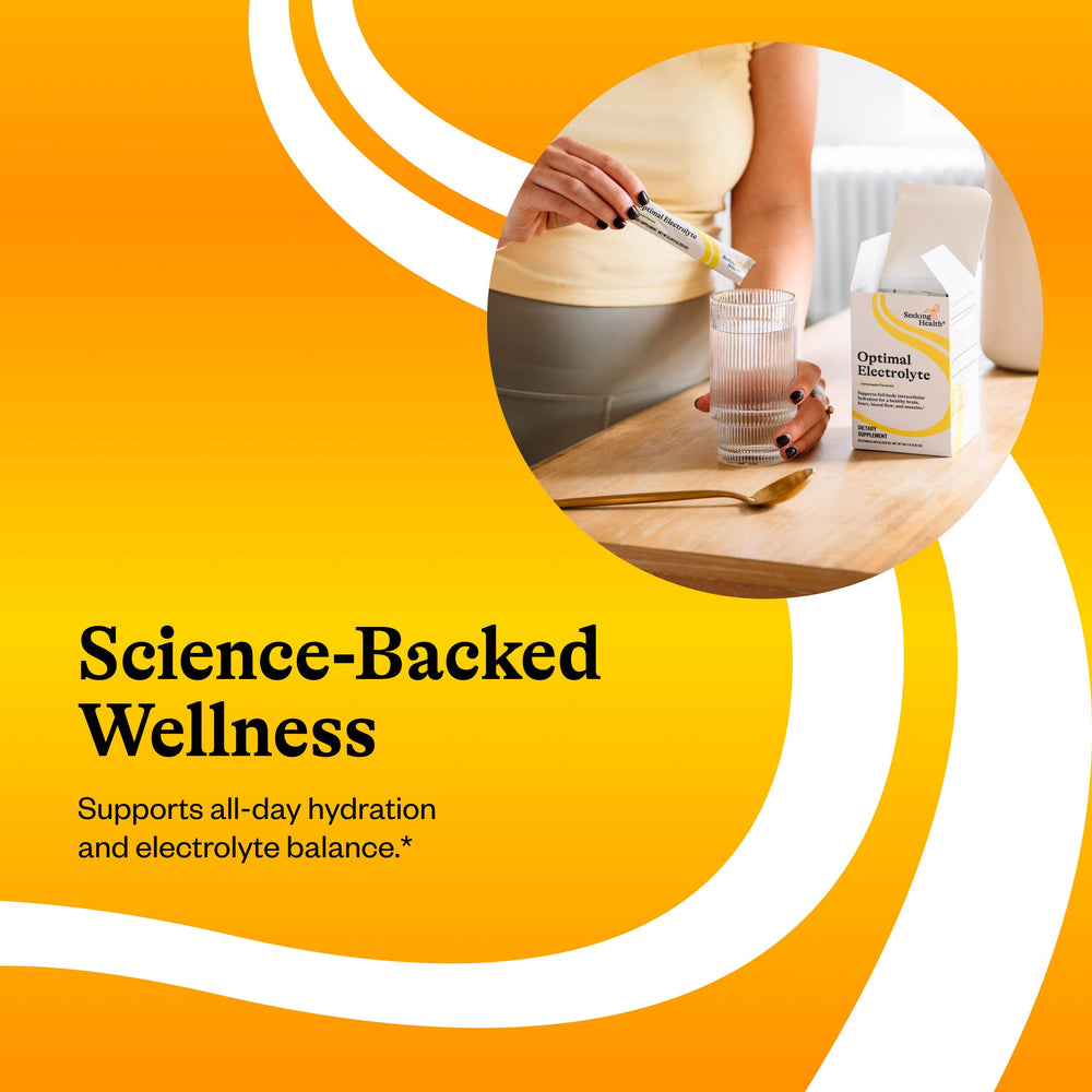 Seeking Health Optimal Electrolyte Sticks lemon powder dissolving in water supports quick energy.