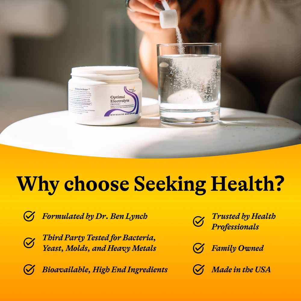 Seeking Health Electrolyte powder in water cup illustrates quick hydration.