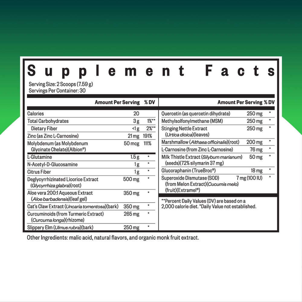 Seeking Health Optimal GI Plus peach powder being poured into a glass for refreshing gut support.