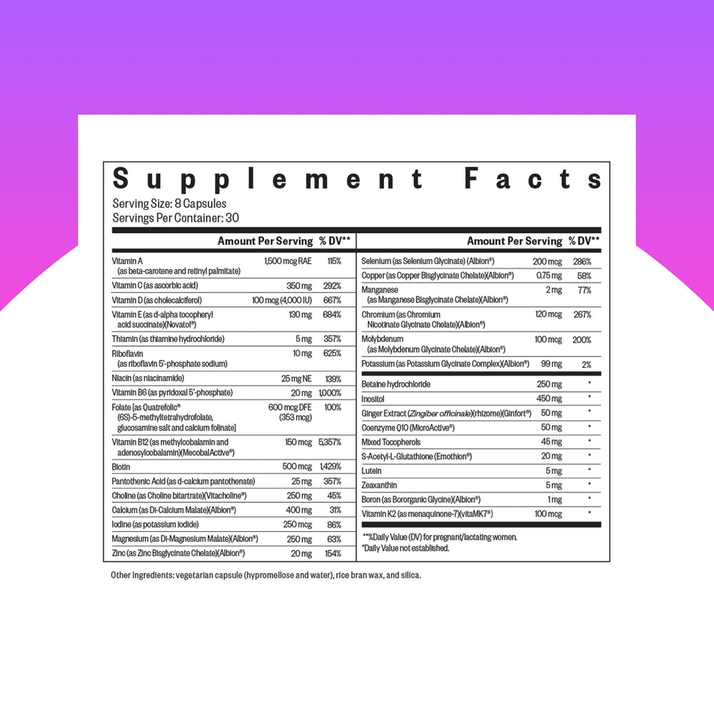 Seeking Health Optimal Prenatal label close-up shows complete prenatal nutrition support