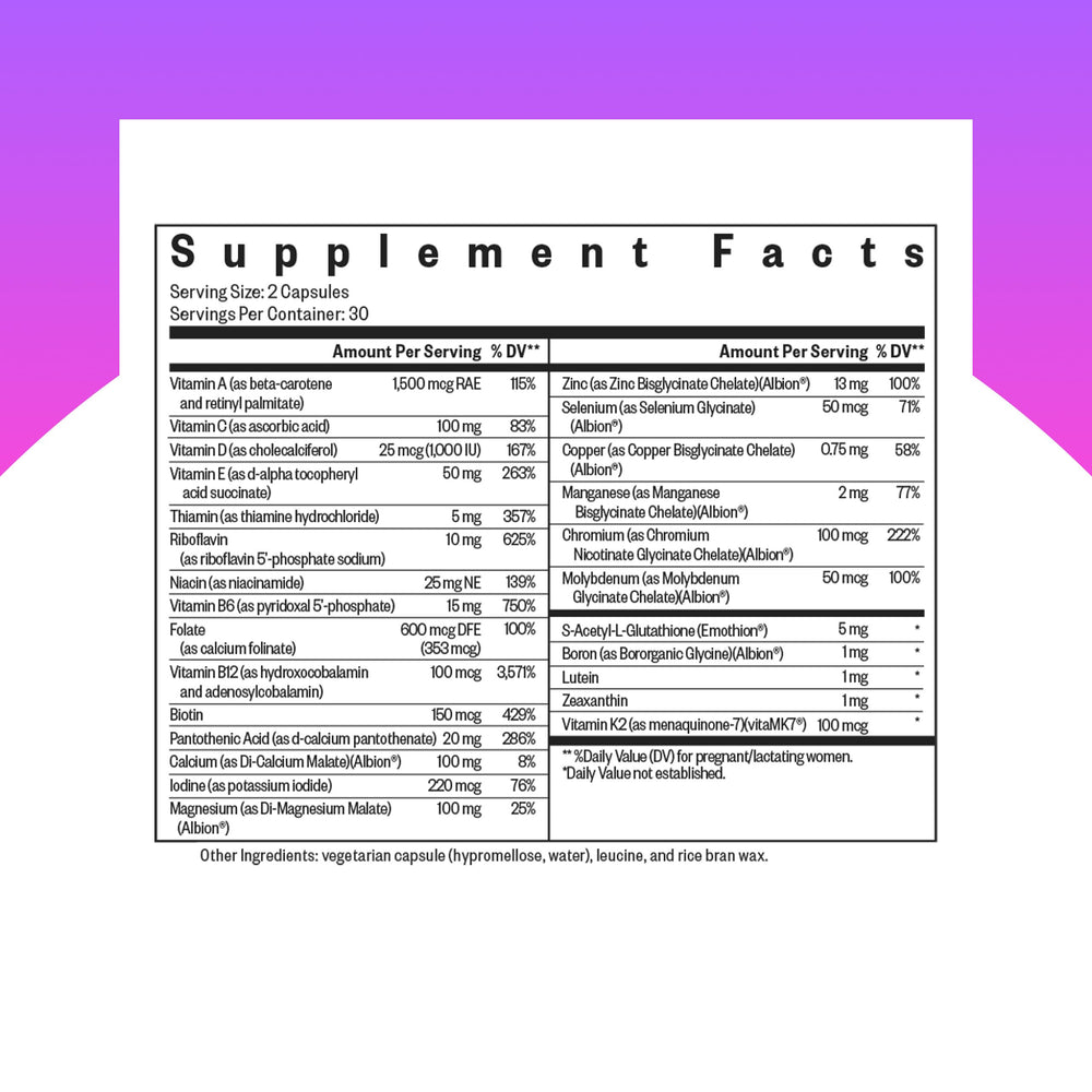 Seeking Health Prenatal Essentials MF capsules close-up highlights vegetarian methyl-free capsules.