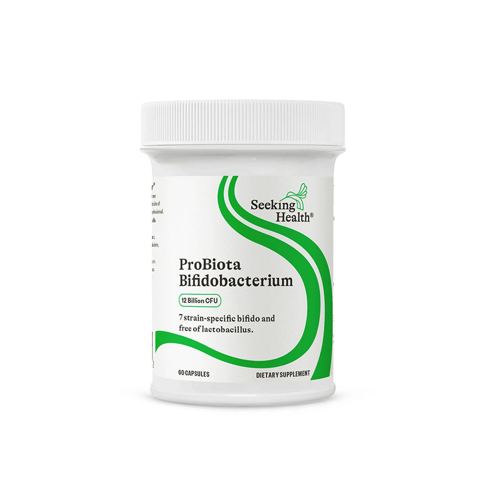 Seeking Health ProBiota Bifidobacterium bottle with capsules for digestive support.