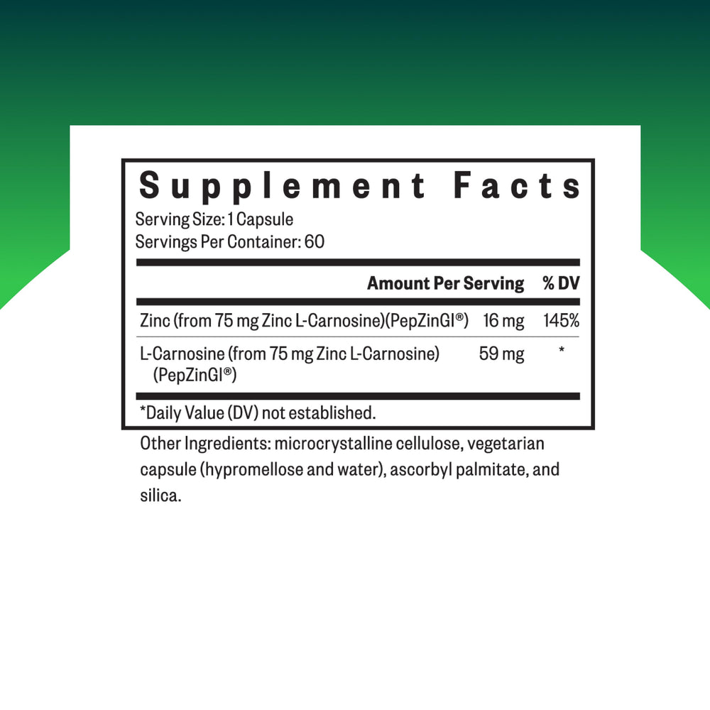 Seeking Health Zinc Carnosine bottle label highlights vegan capsules for everyday wellness