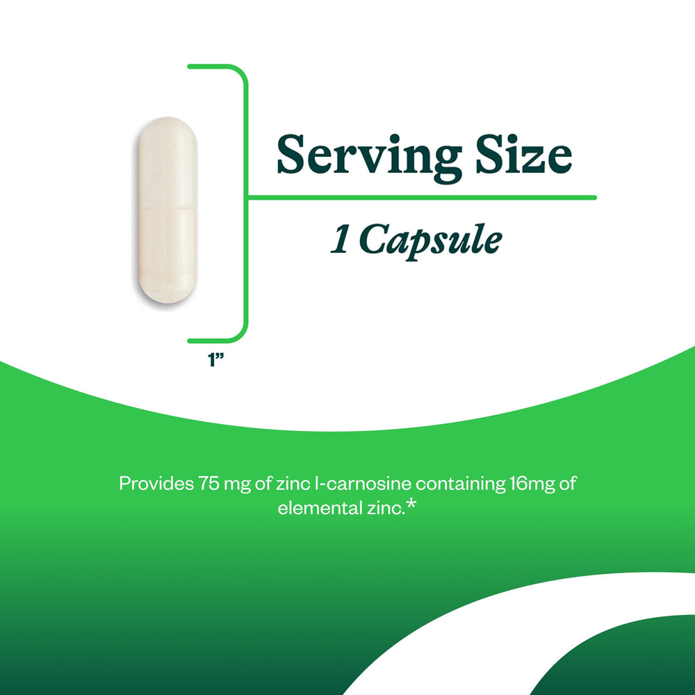 Seeking Health Zinc Carnosine capsules closeup emphasizes ease of swallowing