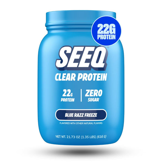SEEQ Blue Razz Freeze tub shown for post-workout refresh with clear protein