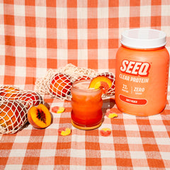 SEEQ Juicy Peach label emphasizes gluten-free and allergen-friendly formulation.