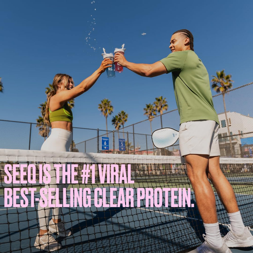 SEEQ Clear Whey Isolate Fruit Punch glass with ice suggests a refreshing serving idea