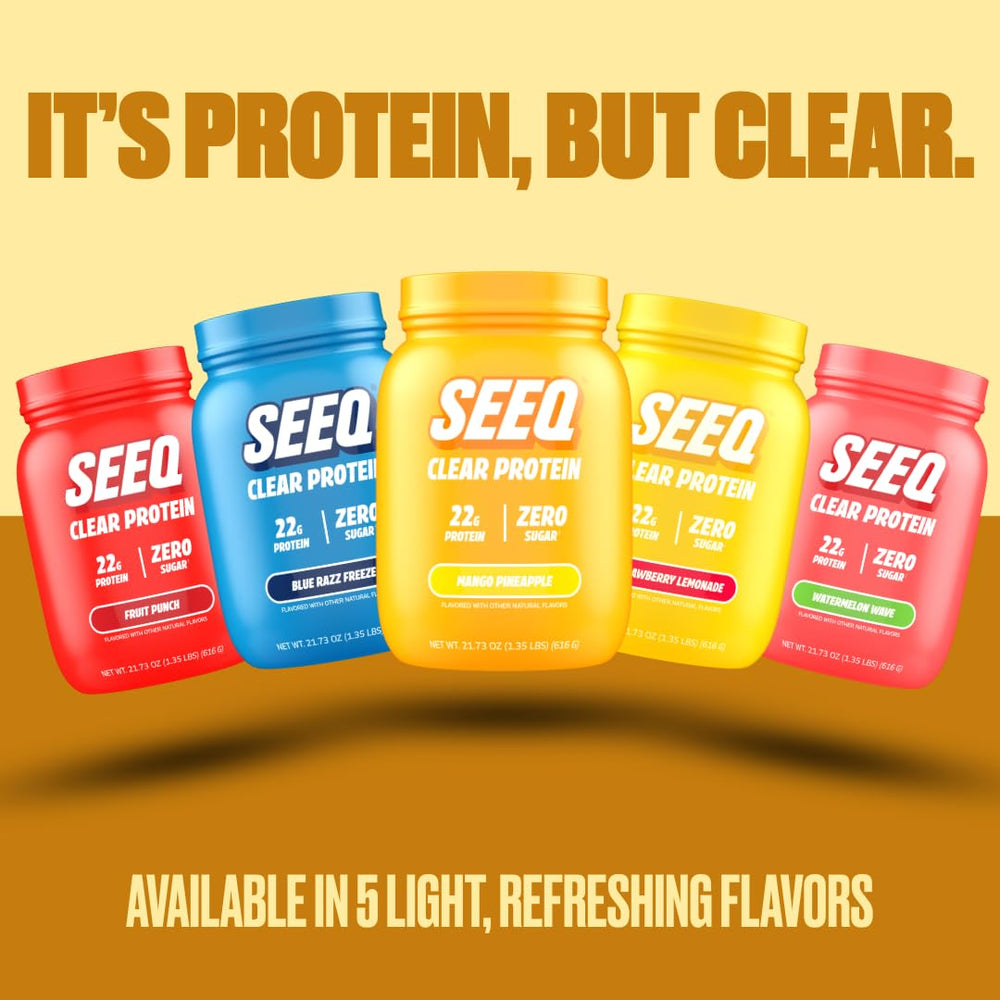 SEEQ Clear Whey Isolate Mango Pineapple glass with ice and flavor on display