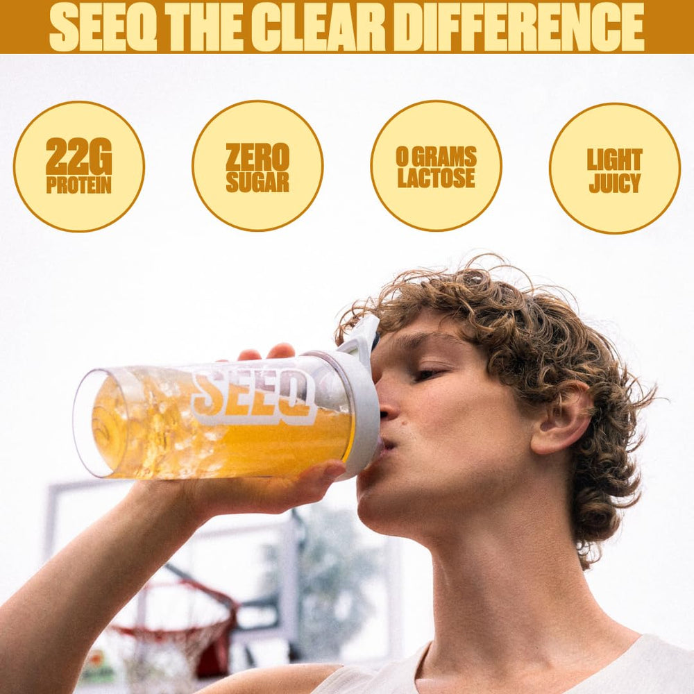 SEEQ Clear Whey Isolate Mango Pineapple shake in glass with light texture
