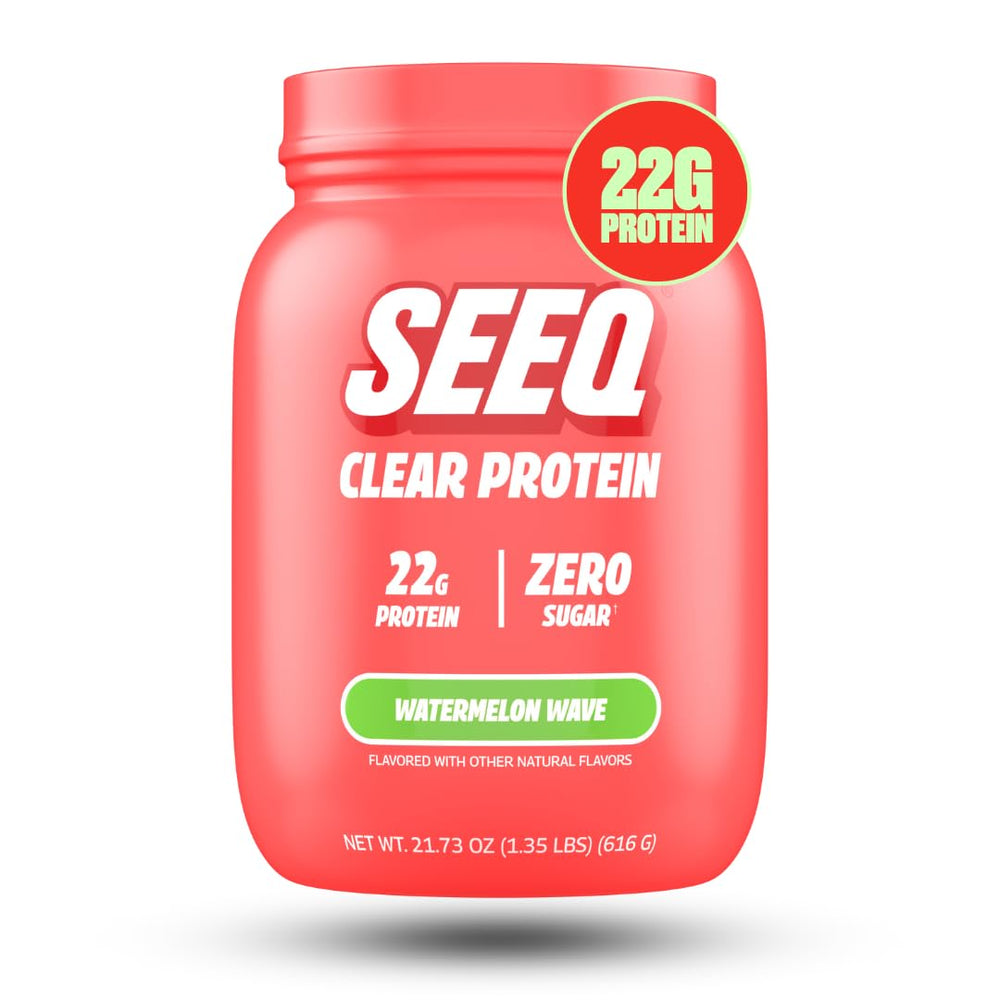 SEEQ Clear Whey Watermelon Wave bottle shows refreshing protein on the go for post-workout hydration.