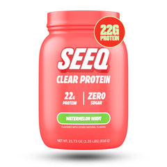 SEEQ Clear Whey Watermelon Wave bottle shows refreshing protein on the go for post-workout hydration.